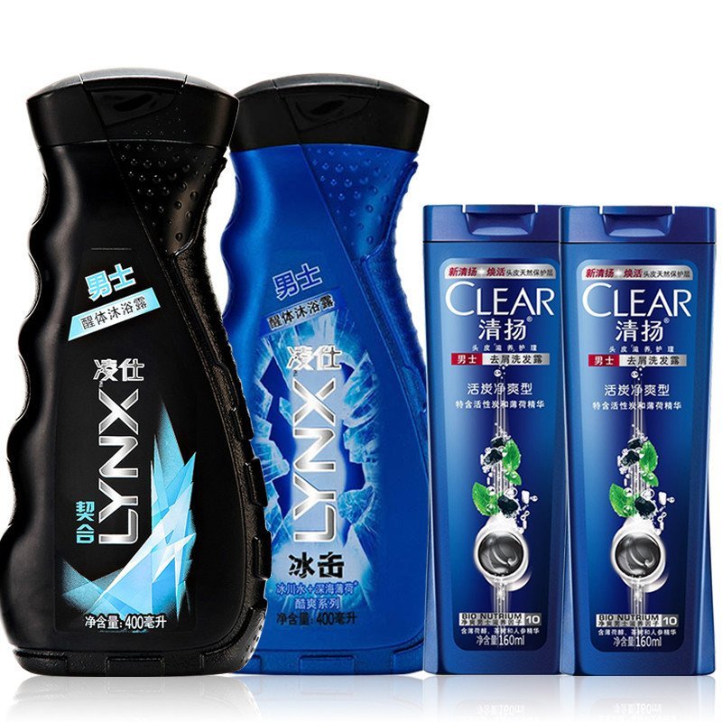 LYNX/凌仕男士沐浴露契合400ml+香氛150ml+清扬洗发水100ml+浴球