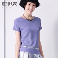 熙世界2015夏装新品通勤简约短袖圆领套头打底针织衫女夏