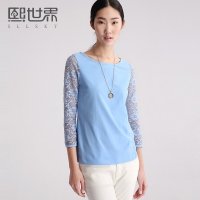 熙世界2015夏装新款通勤圆领打底衫七分袖蕾丝拼接棉t恤女