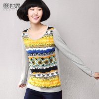 熙世界2015夏装新款印花显瘦拼接圆领打底衫简约长袖棉t恤女