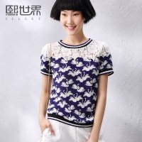 熙世界2015夏装新款螺纹棉圆领蕾丝拼接短袖印花雪纺衫女