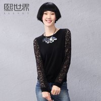 熙世界2015秋装新品九分袖套头针织衫蕾丝袖镂空长袖上衣183LA073