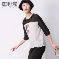 熙世界2015夏装新款通勤简约套头圆领印花拼接中袖雪纺衫女