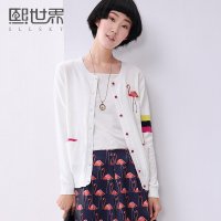 熙世界2015夏装新款通勤文艺宽松绣花拼接长袖针织开衫女