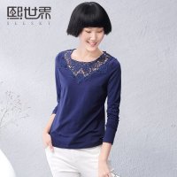 熙世界2015秋装新款镂空蕾丝绣花上衣修身纯色长袖T恤女183LT090
