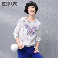 熙世界2015秋装新品通勤韩版女装长袖印花套头卫衣上装女183LB172