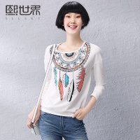 熙世界2015秋装新款复古上衣几何印花打底衫圆领T恤女装183LT024