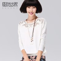 熙世界2015夏装新款宽松圆领白色打底衫镂空网纱拼接棉t恤女173LD544