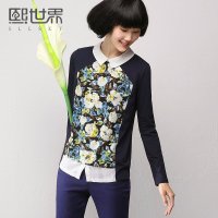 熙世界2015夏装新款甜美立领套头打底衫女长袖碎花拼接衬衫173LC858
