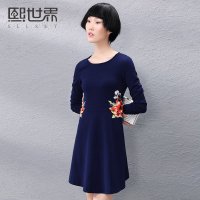 熙世界2015秋装新品通勤韩版女装中裙印花圆领长袖连衣裙子183SL186