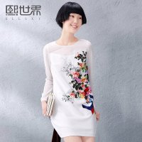 熙世界2015秋装新款民族风印花网纱短款圆领九分袖连衣裙183SL072