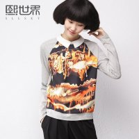 熙世界2015春装新款直筒娃娃领打底衫上衣拼接插肩袖T恤女装LD816