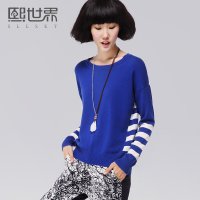 熙世界2015夏装新款空调衫套头毛衣撞色条纹针织衫女LW391