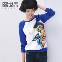 熙世界2015夏装新款印花撞色拼接圆领长袖卫衣休闲套头衫女LB014