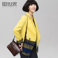 熙世界2015秋冬大衣通勤中长款翻领撞色拼接修身毛呢外套女 LG019