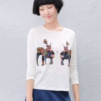 sllsky/熙世界2015秋装新款圆领动物图案印花长袖T恤女183LT108