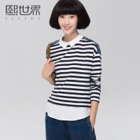 熙世界2015夏装新款长袖绣花拼接打底衫女长款立领套头衬衫LC983
