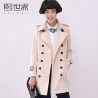 熙世界2015夏装新款通勤简约中长款双排扣蕾丝面风衣外套女LF501