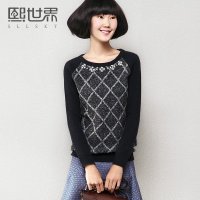 熙世界2015夏装新款甜美直筒套头长袖圆领格子拼接毛衣 女 LA632