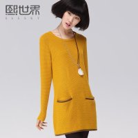 熙世界2015夏装新款套头纯色拼接长袖圆领连衣裙拼接短裙女SL533