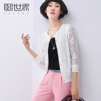 熙世界2015夏装新款蕾丝拼接提花宽松圆领长袖针织衫开衫女LW500