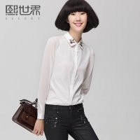 熙世界2015夏装新款绣花中长款单排扣立领长袖拼接女装衬衫LC677