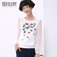 熙世界2015夏装新款通勤圆领印花雪纺拼接灯笼长袖雪纺衫女LS006