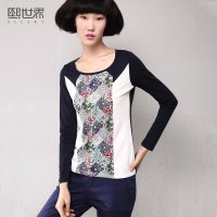 熙世界2015夏装新款印花拼接打底衫女装修身圆领长袖棉t恤女LT412