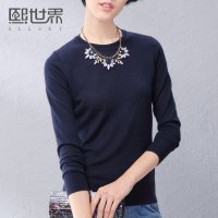 熙世界2015秋装新款女装纯色大码九分袖薄款简约毛针织衫183LA063