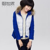 熙世界2015春装新款甜美修身长袖连帽口袋拼接羽绒服女SY499