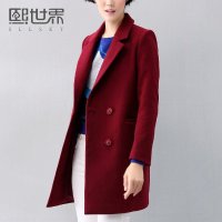 熙世界 2015秋冬新款中长款通勤纯色毛呢外套女184LG006