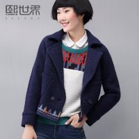 熙世界2015年冬装新款民族风绣花双排扣短款长袖毛呢外套184SG314