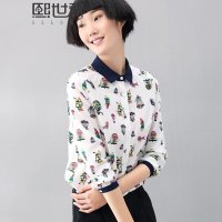 预售2015年秋装新款印花上衣手绘方领花色长袖衬衫女装184LC110预售10.30号到货