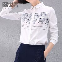 预售2015秋装新款民族风方领印花长袖衬衫女183LC115