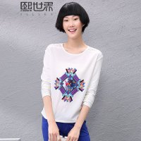 预售2015秋装新品印花文艺圆领长袖T恤女装183LT173