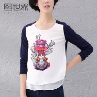 2015年冬装新款民族风印花雪纺长袖T恤184LT089