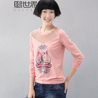 2015冬装新款打底衫圆领网纱印花长袖T恤女184LT121