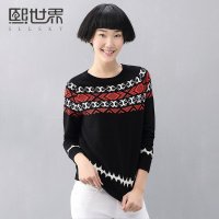 熙世界2015年冬装新款几何提花圆领长袖毛衣女184LA133