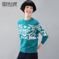 熙世界2015年冬装新款通勤套头打底衫圆领印花长袖毛衣女184LA191