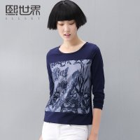 熙世界2015年秋装新款打底衫简约上衣印花圆领长袖T恤女 184LT249