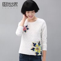 熙世界2015秋装新款圆领通勤打底衫蕾丝印花长袖T恤女装184LT268