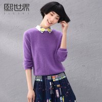 熙世界2015冬装新款绣花衬衫领假两件长袖毛衣女 184LA084