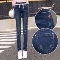 訫嗳逸衫 2016四季百搭新款大码松紧腰系带牛仔裤女韩版外穿修身显瘦小脚裤铅笔长裤