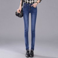 訫嗳逸衫 2016四季百搭新款大码修身显瘦牛仔裤女韩版蓝色中腰小脚裤女式铅笔裤女款休闲牛仔裤