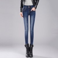 訫嗳逸衫 2016春夏季新款女式韩版中腰排扣牛仔裤大码女长裤女款休闲小脚裤修身显瘦铅笔裤