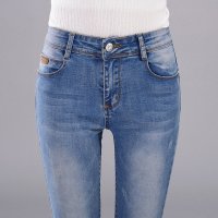 訫嗳逸衫 2016四季百搭新款修身显瘦牛仔裤女长裤学生百搭大码弹力牛仔小脚铅笔裤磨白浅蓝女式中腰休闲裤