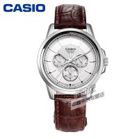 卡西欧(CASIO)BEM系列三眼计时防水表带商务男士手表 白盘皮带BEM-307L-7A