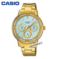 卡西欧casio手表 时尚商务三眼淡蓝盘金色钢带女表