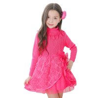 萌衣萌裤 童装女童 2015秋冬新款 流苏蕾丝圆领毛衣裙 纯棉针织钻石立体花毛衣网纱裙