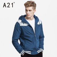以纯线上品牌a21男装 2015秋装新品时尚接拼印花修身连帽棉衣外套4531119005